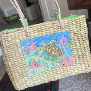 Woven Straw Tote with Sea Turtle Design